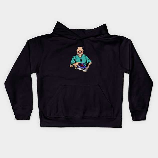 vector image with a person with a skull head holding a shoe Kids Hoodie by Innometrics